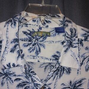Campia Moda Mens XL White Blue Palm Tree Rayon Hawaiian Button Down Cruise Shirt